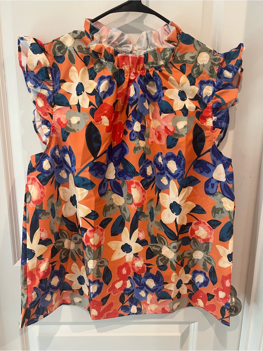 Floral Ruffle Sleeve Women's Top in Orange Size XL